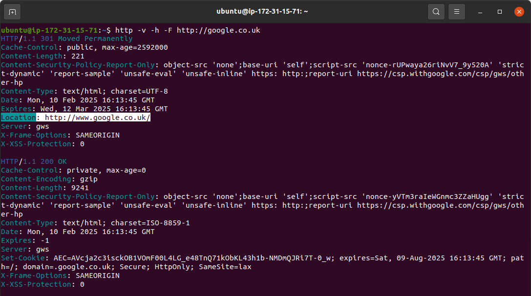 Example of an output HTTP headers from use of http command