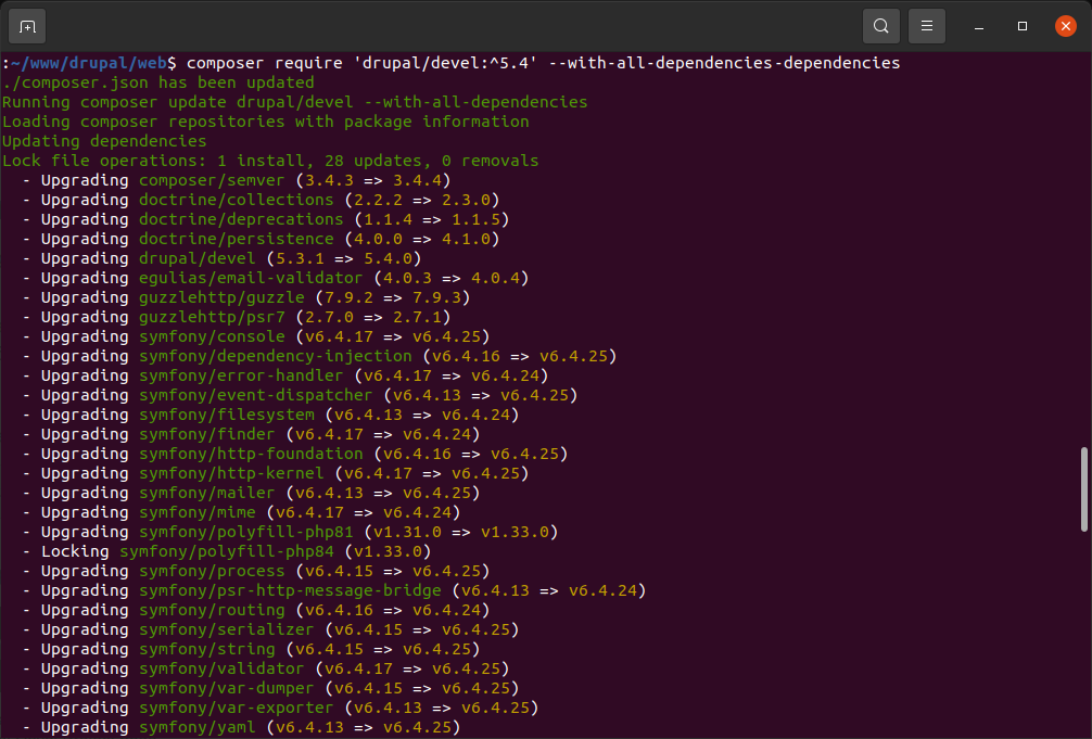 Upgrade Drupal module drupal/devel to a specific version 5.4