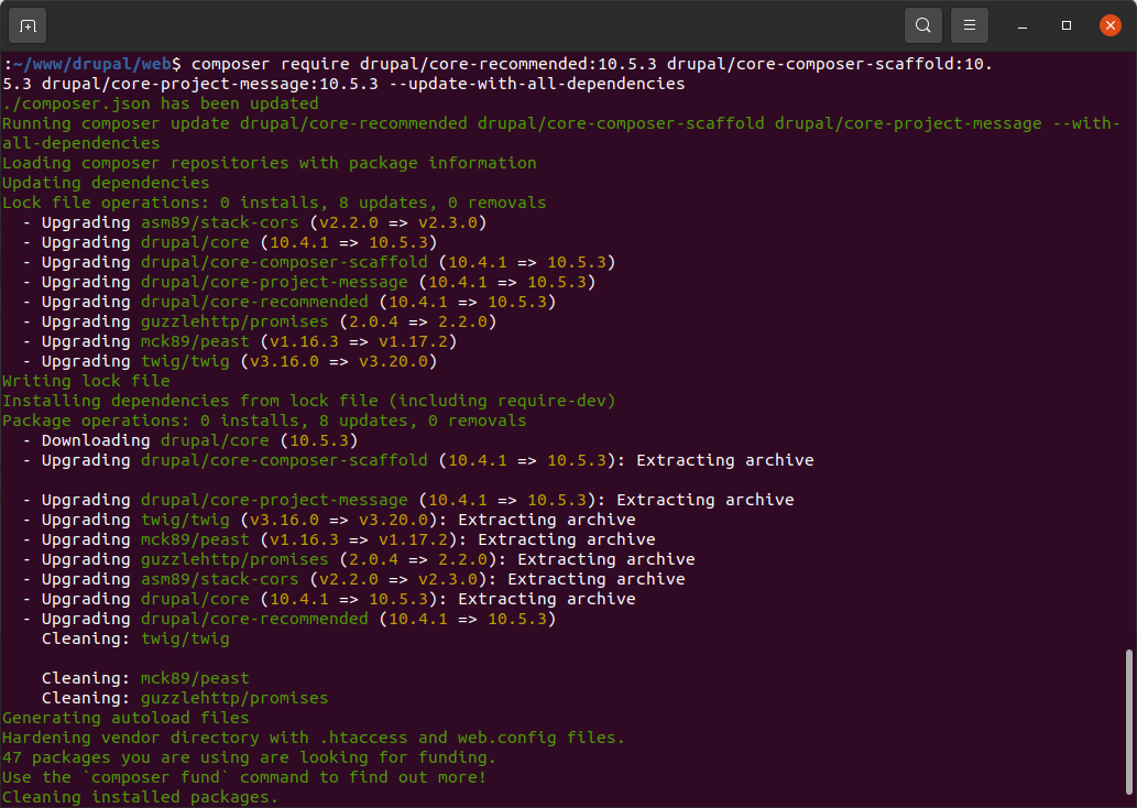 Result of upgrading Drupal Core to  version 10.5.3