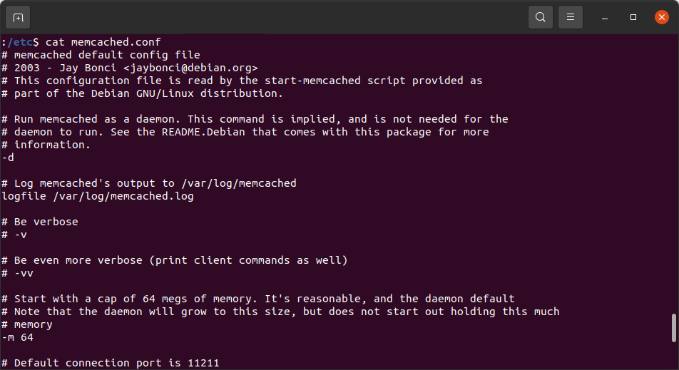 Example of Memcached configuration file (memcached.conf)