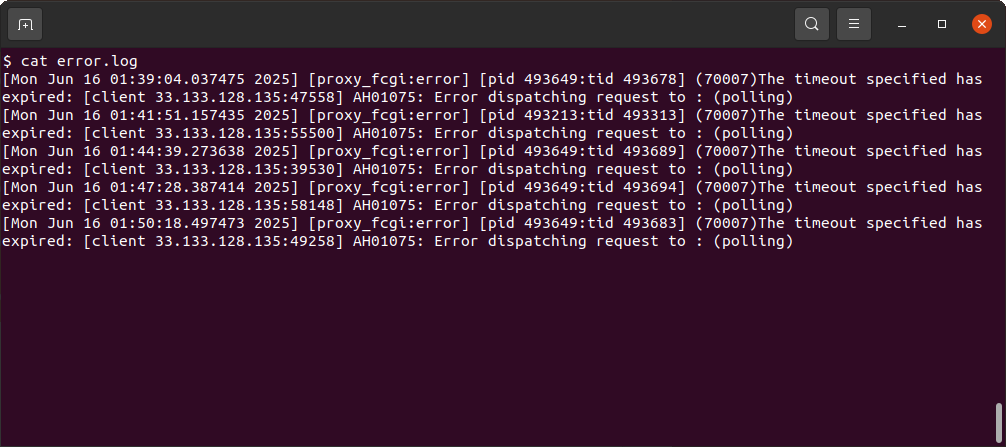 ERROR : [proxy_fcgi:error] (70007)The timeout specified has expired