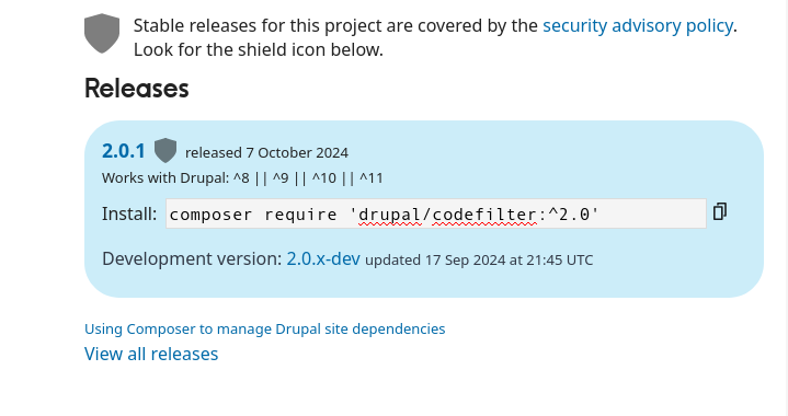 Example of Drupal module. "drupal/codefilter" technical specifications