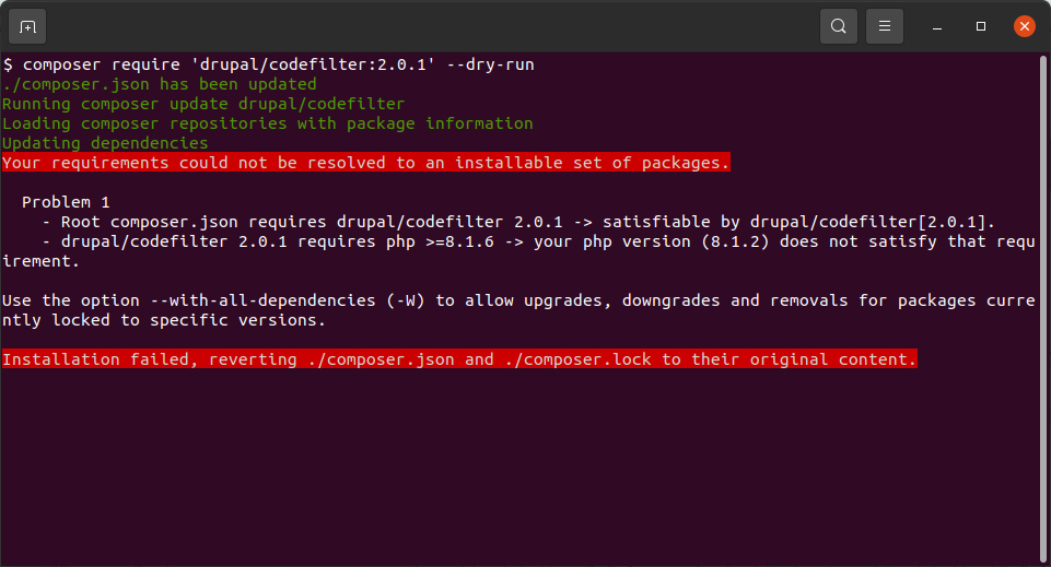Example usage: composer require  --dry-run