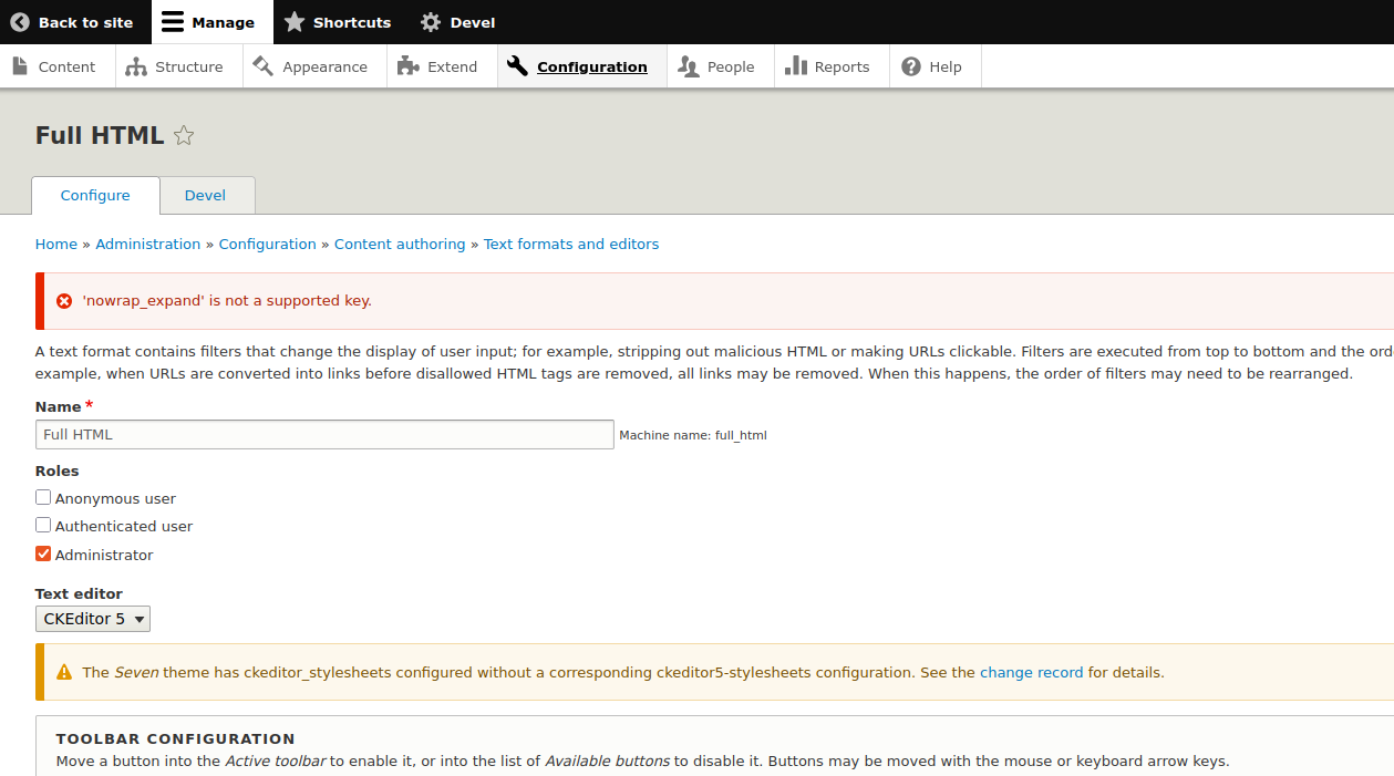 Drupal Error: "nowrap_expand is not a supported key"
