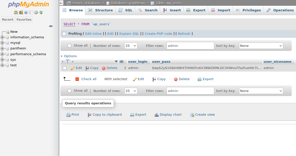 Reset via phpMyAdmin, Example wp_users table